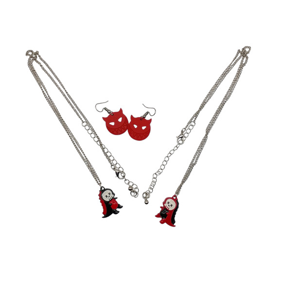 Goth Jewelry Bundle Two Silver Tone Dinos One Pair of Devil Drop Earrings - Picture 4 of 9